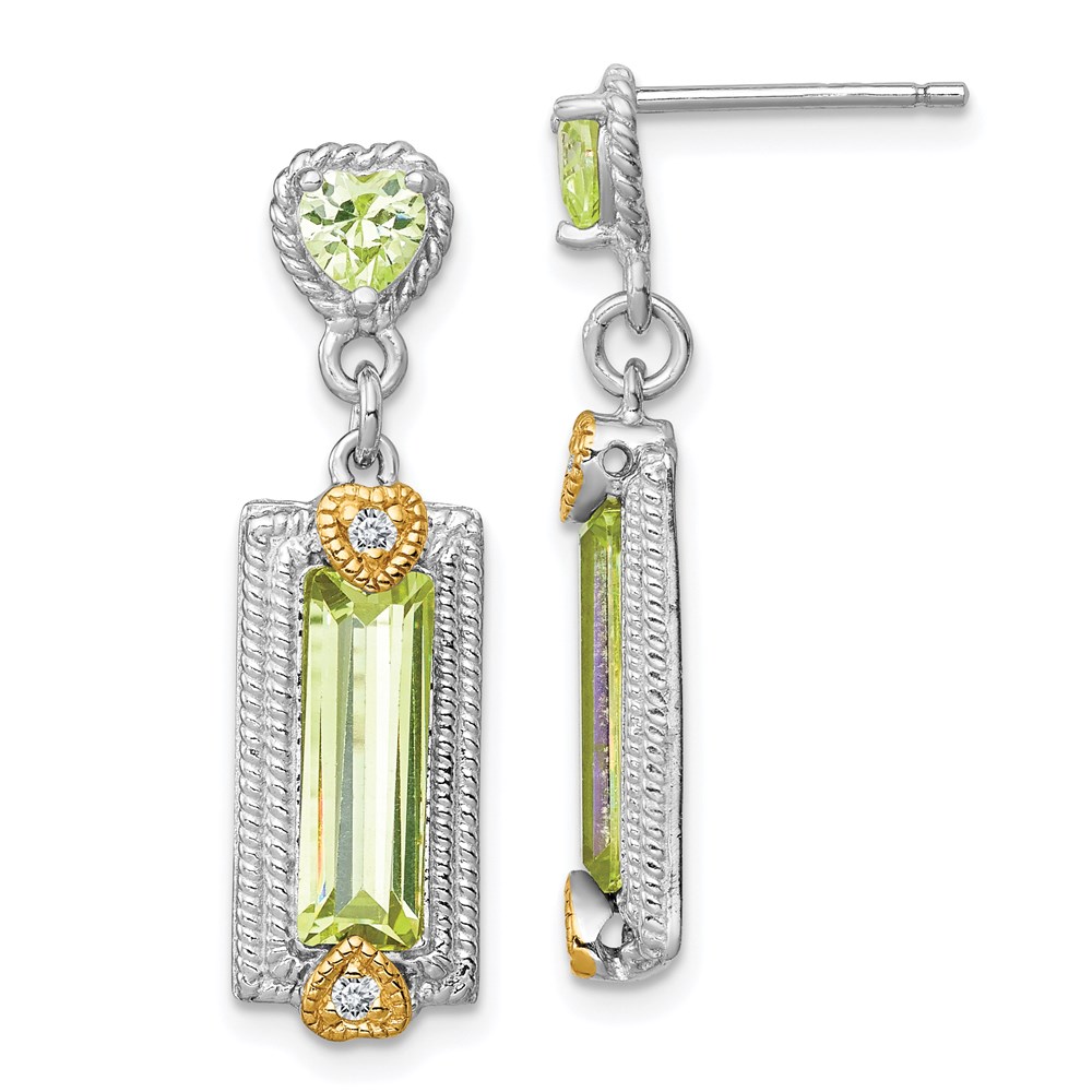 925 Sterling Silver Gold-Tone Vermeil & Textured Green Cz Hearts Post Earrings